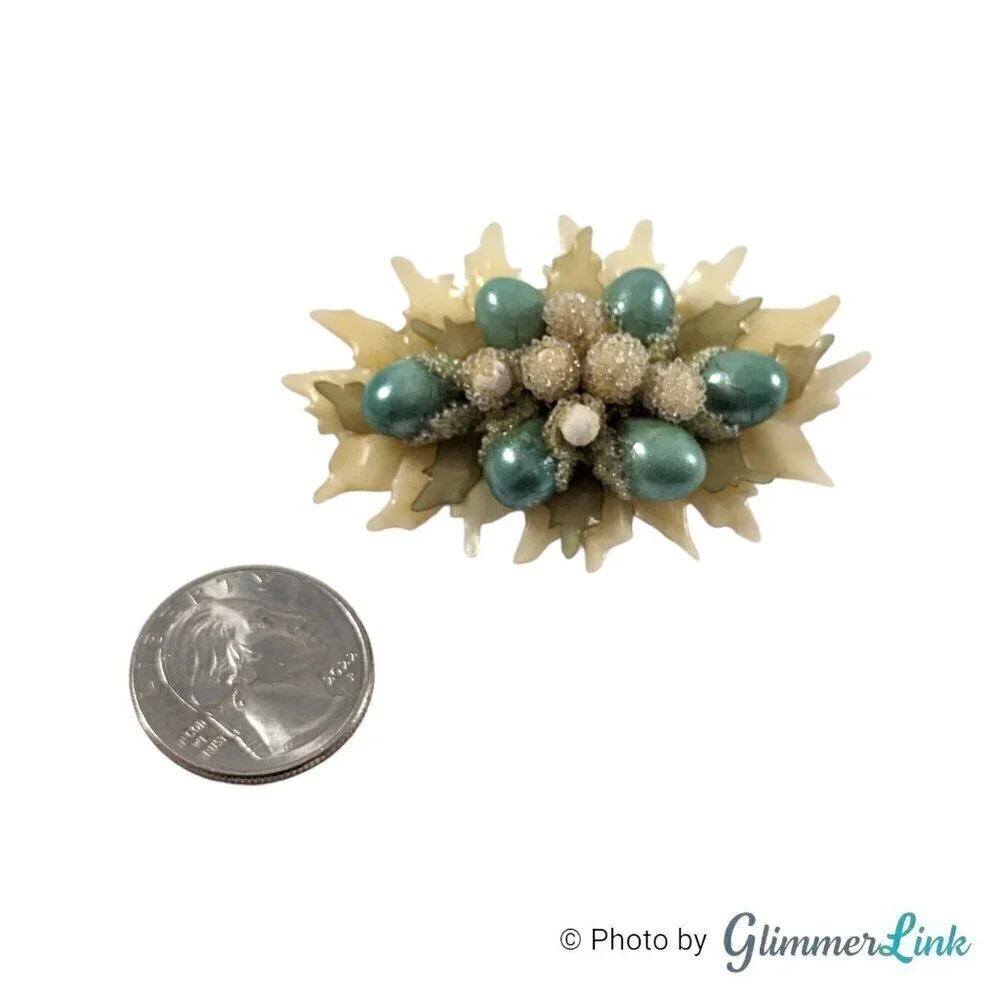 Vintage White & Teal Beaded Early Plastic Elongated Floral Mini Corsage Brooch